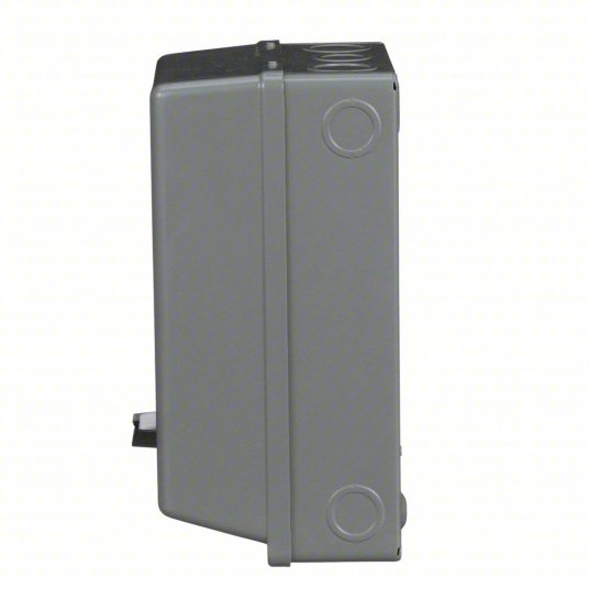 Gray rectangular device with a black top on a white background