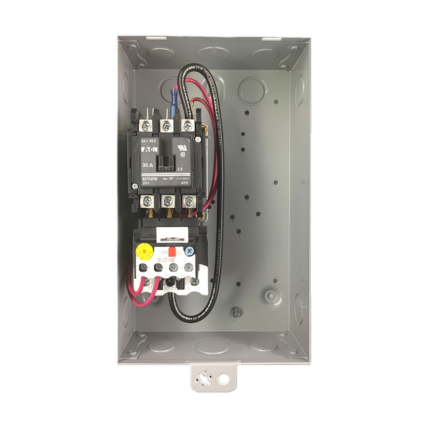 Electrical junction box with wiring and components on a white background