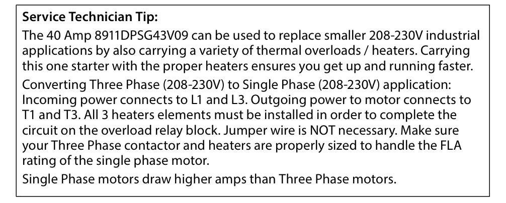 Technical text about a 40 Amp starter and heaters for industrial applications.