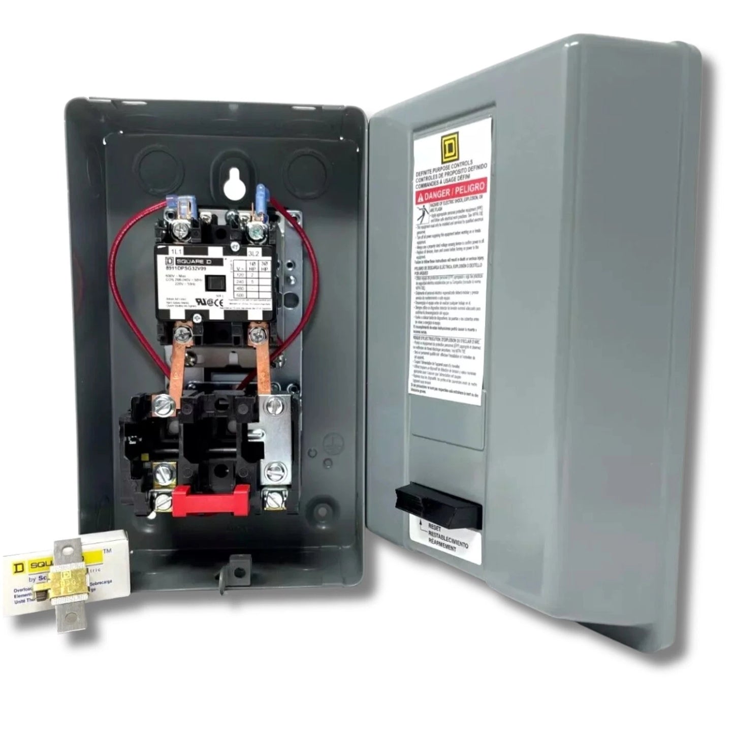 Electrical panel with open cover showing wiring and components on a white background