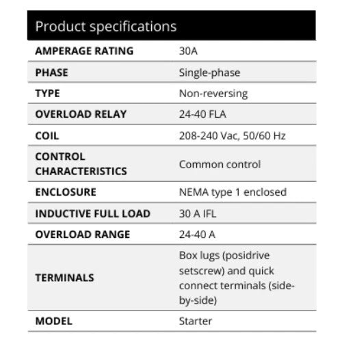 Product specifications table for a electrical starter component