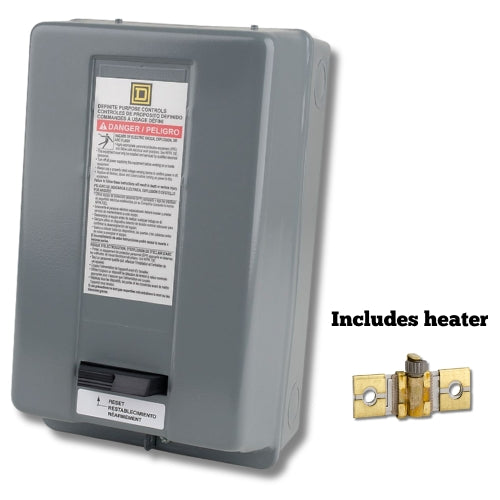 Gray electrical control panel with warning label and a gold door hinge on a white background