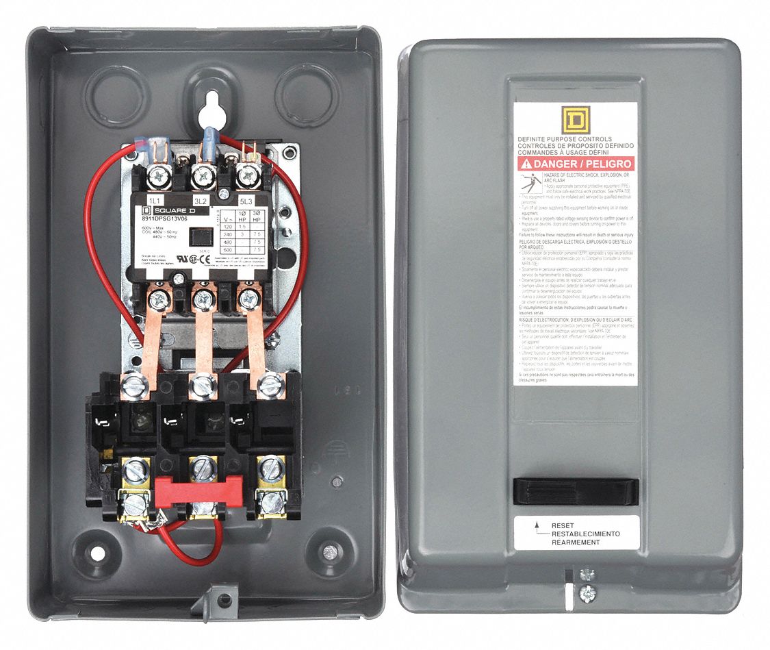 Electrical control panel with wiring and warning label on a white background