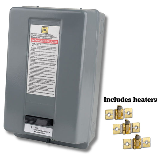 Gray electrical box with warning labels and gold door hinges on a white background