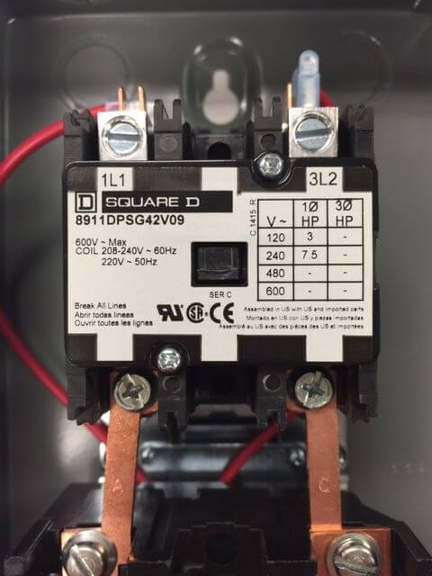 Square D contactor with wiring and specifications on a gray background