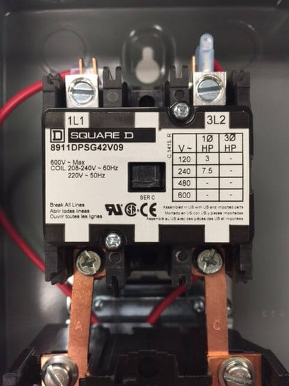 Square D contactor with wiring and specifications on a gray background