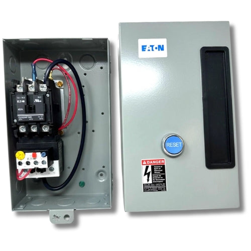 Electrical panel with wiring and Eaton brand label on a white background