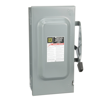 Electrical panel box with warning label on a white background