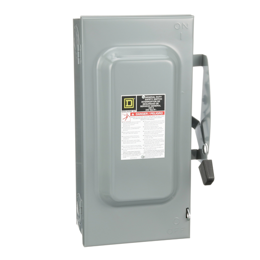 Electrical panel box with warning label on a white background