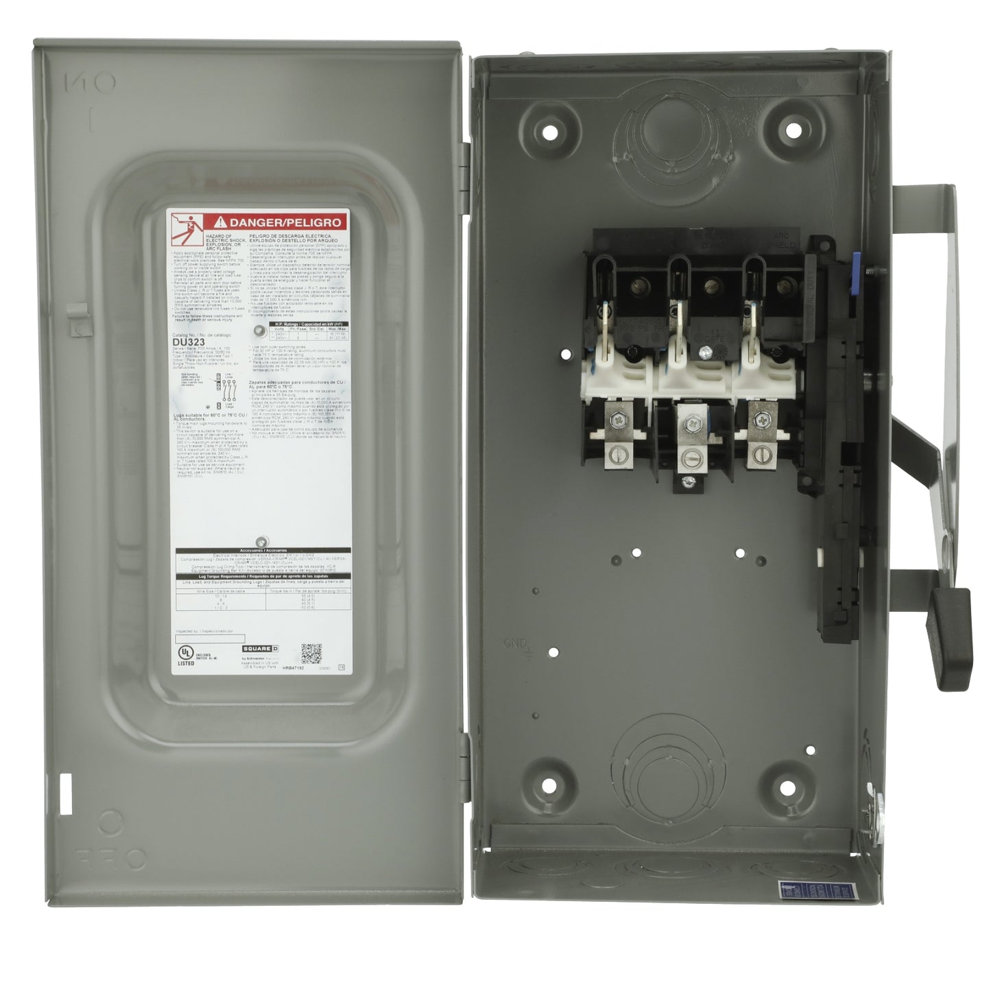 Electrical panel with open cover showing internal components and warning label.