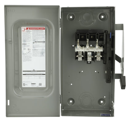 Electrical panel with open cover showing internal components and warning label.