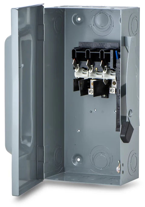 Electrical panel with open cover showing internal components on a white background