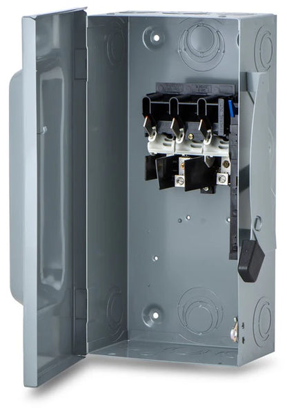 Electrical panel with open cover showing internal components on a white background