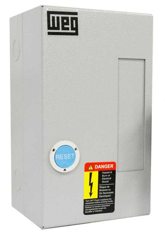 Electrical enclosure with WEG logo and warning label on a white background