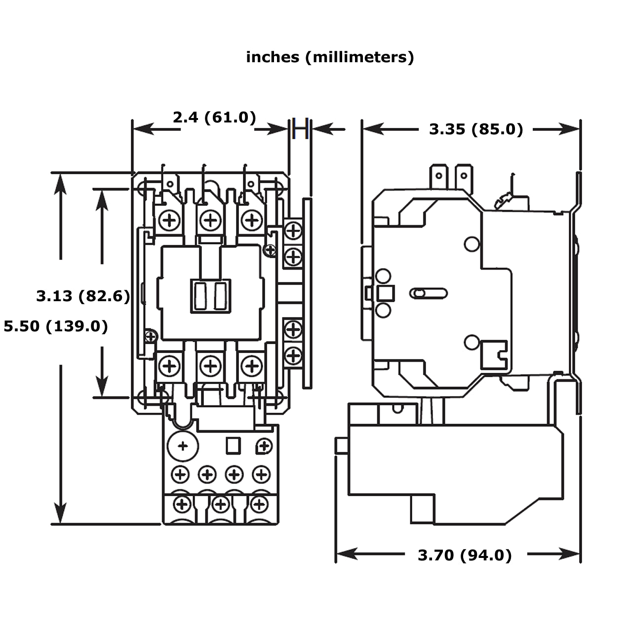 Technical drawing of a electrical component with dimensions labeled in inches and millimeters.
