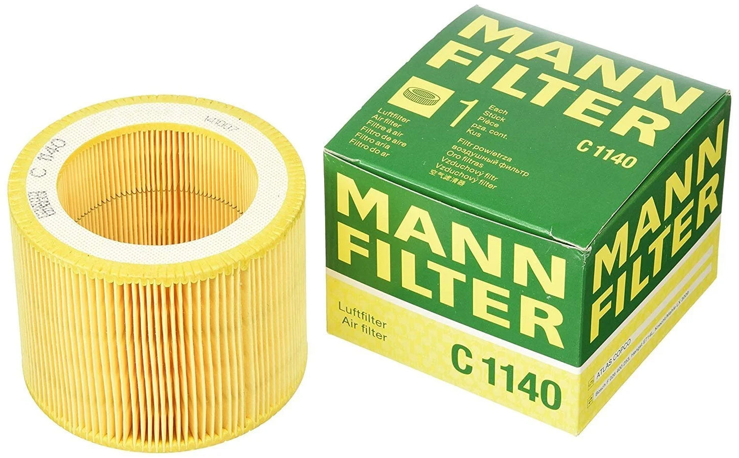 Mann Filter air filter and packaging on a white background
