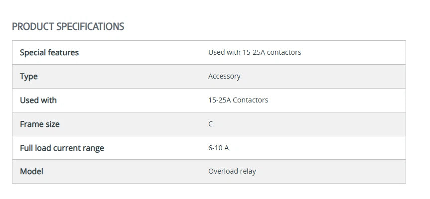Product specifications table for an overload relay used with 15-25A contactors