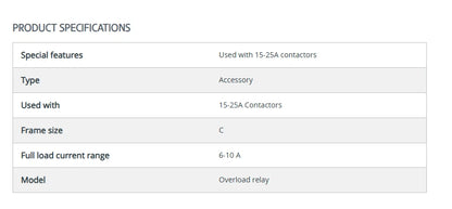 Product specifications table for an overload relay used with 15-25A contactors