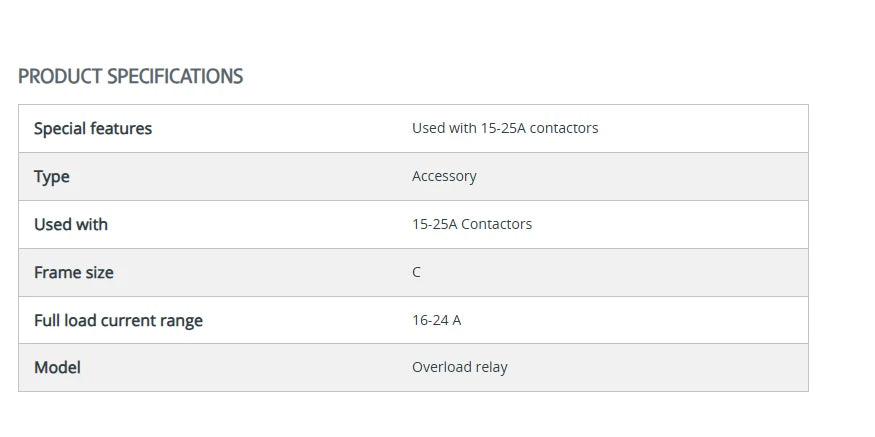 Product specifications table for an accessory used with 15-25A contactors