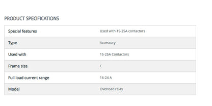 Product specifications table for an accessory used with 15-25A contactors