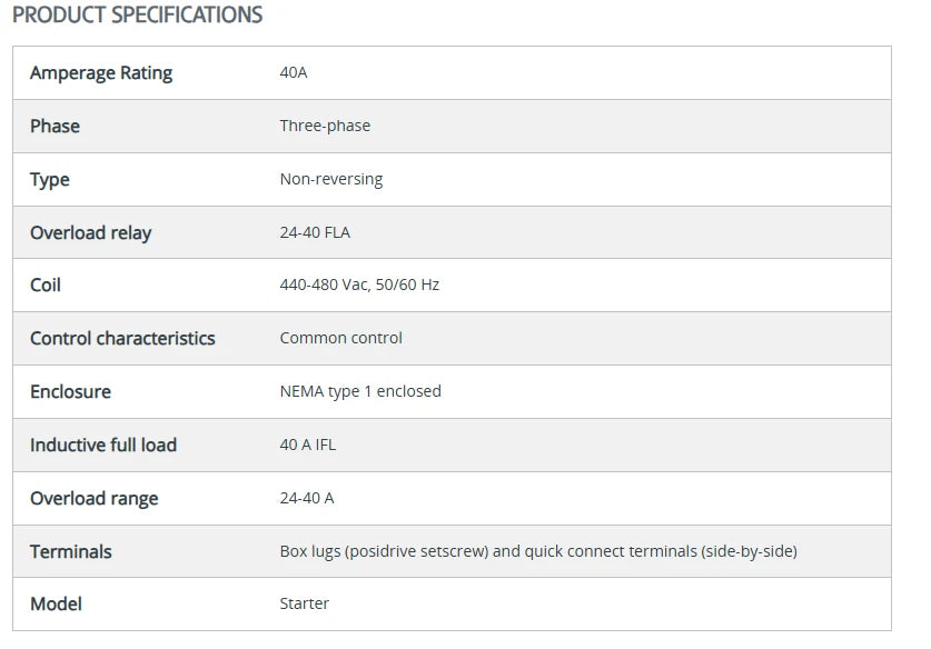 Product specifications table for a three-phase electrical component.