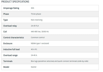 Product specifications table for a three-phase electrical component.