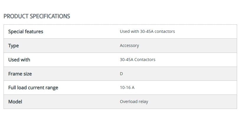 Product specifications table for an overload relay used with 30-45A contactors