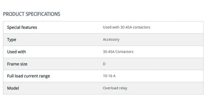 Product specifications table for an overload relay used with 30-45A contactors