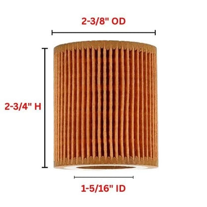 Cylindrical air filter with dimensions labeled on a white background