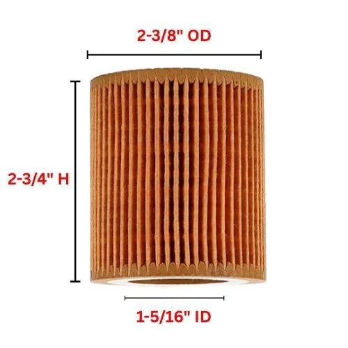 Cylindrical air filter with dimensions labeled on a white background